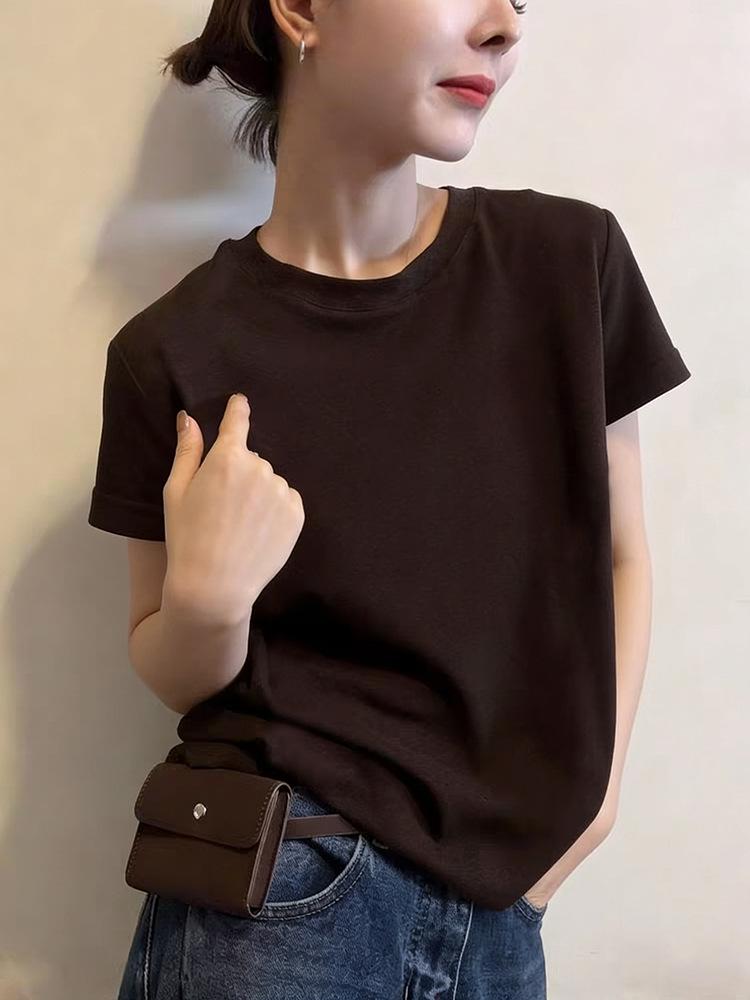 Graues Damen-T-Shirt aus reiner Baumwolle mit Rundhalsausschnitt und kurzen Ärmeln – Modisches, vielseitiges Basic für Frühling, Sommer und Herbst.