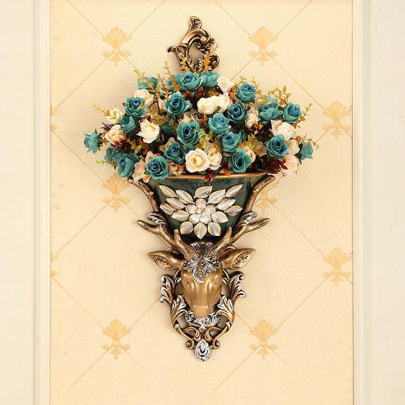 European Resin Deer Head Wall Vase Fake Flower Planter Wall Hanging Ornaments Home Living Room Porch Wall Mural Decor Crafts