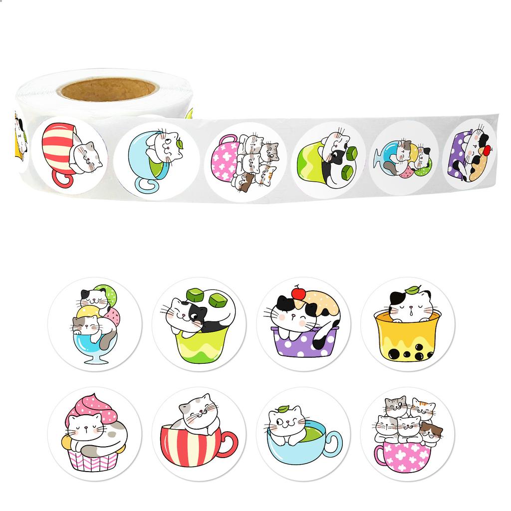 500 Sheets/Roll Cup Cat Sticker Roll Sticker Cute Wind Decorative Sticker Material Sealing Sticker