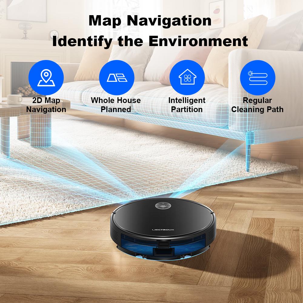 LIECTROUX C7 Robot Vacuum Cleaner AI Map Route,Memory,Super Smart Partition,WiFi App,6000Pa Suction,Electric WaterTank,Wet Mop