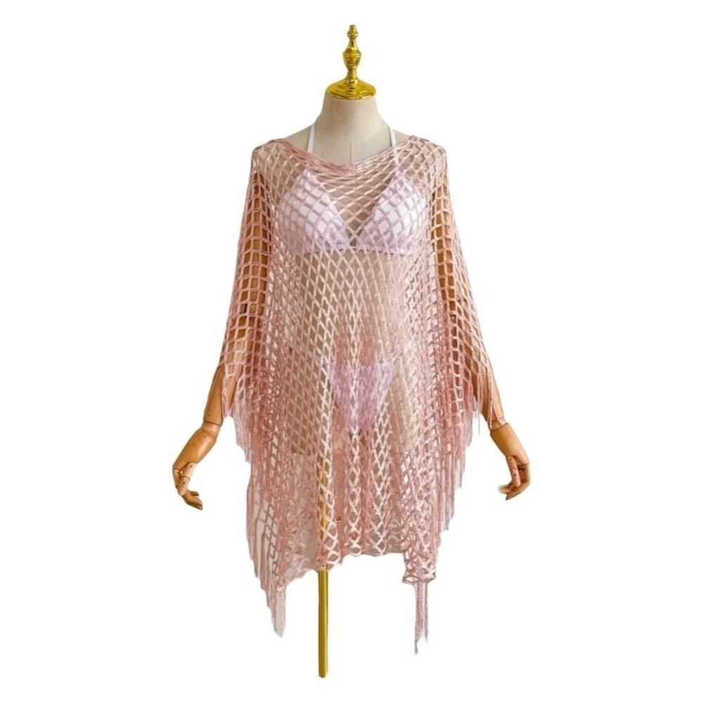 Tassel Sunscreen Cover-up Loose Fit Knit Hollow Out Top Fashion Fishnet Swimsuit Cover Up  Vacation