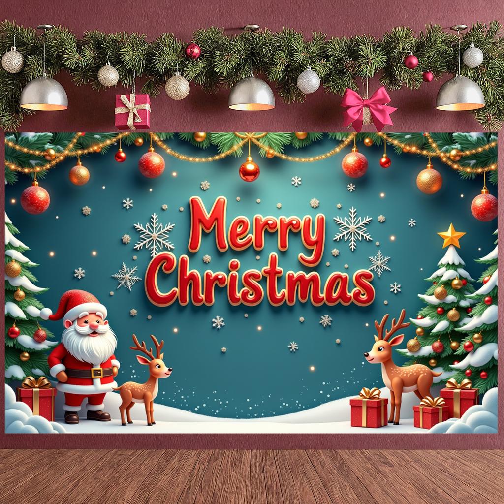 Holiday Banner Gold Ornament Xmas Display Festive Banner Reindeer Xmas Backdrop For Christmas Party Indoor Celebration Office