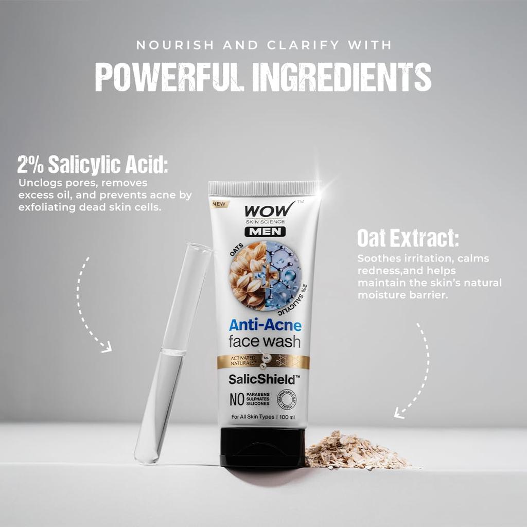 WOW Skin Science Men Anti Acne Face Wash With Oat Extract And 2% Salicylic Acid | Targets Breakouts And Oil Control | 100 Ml
