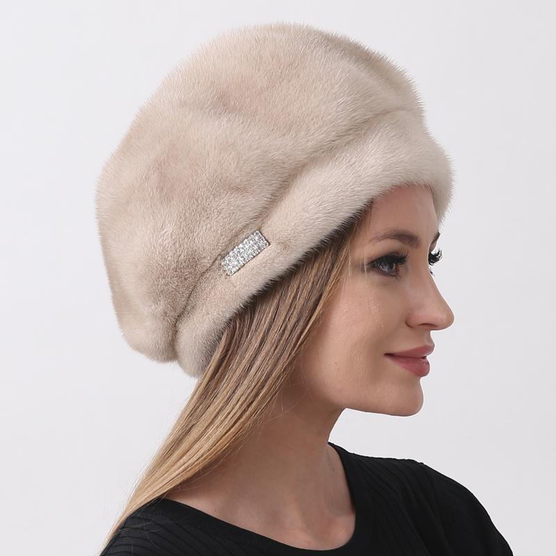 

Зимняя шапка для женщин Береты из натурального меха норки Пушистая русская шапка Adjustable(55-60cm) бежевый