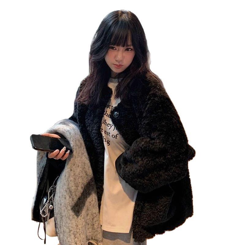 Crew Neck Lamb Wool Coat Thickened Wool Women's Autumn and Winter Imitation Rex Rabbit Fur Integrated Loose Lazy Fur Coat
