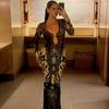 Women V Neck Long Sleeve Bodycon Midi Dress with Abstract Pattern and Cut Out Detail