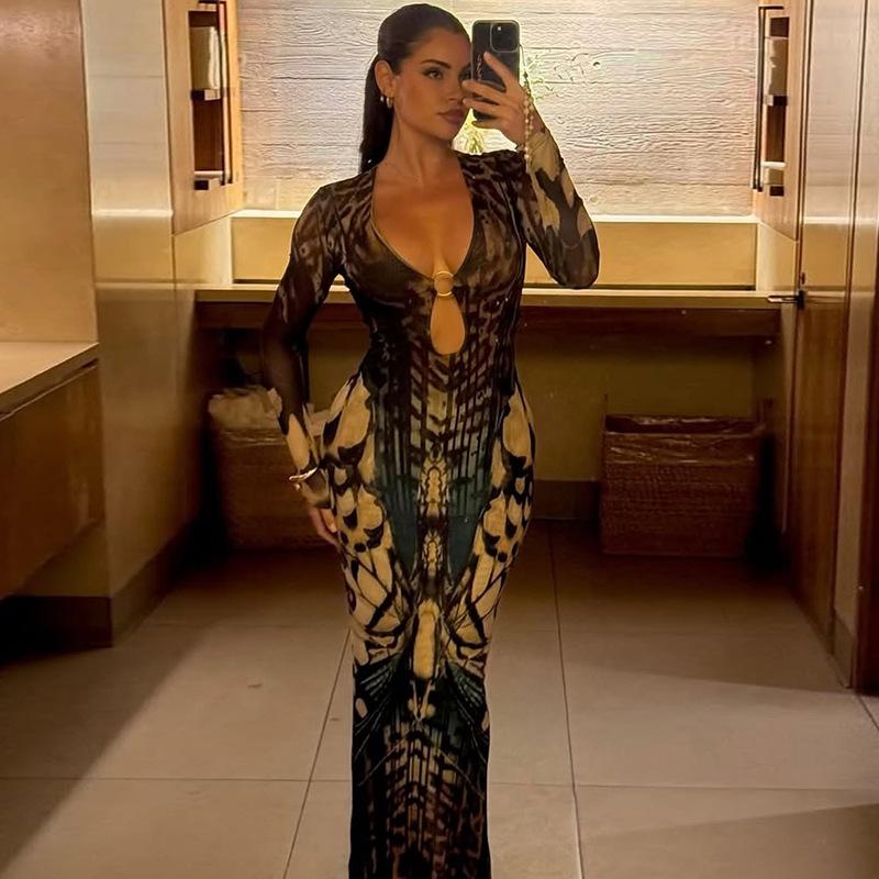 Women V Neck Long Sleeve Bodycon Midi Dress with Abstract Pattern and Cut Out Detail