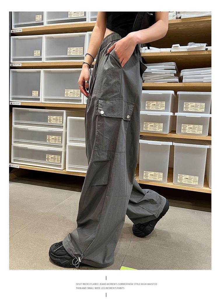 Women's Retro Quick-Dry Cargo Joggers - Summer Ice Silk, Multi-Pocket, Windproof, Wide Leg Hiking Pants