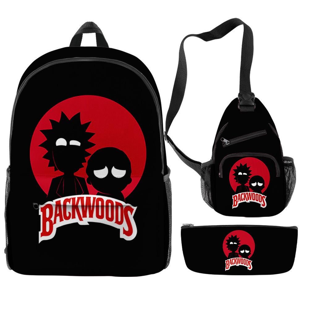 3D Digital Printing Backwoods Cigar Backpack Shoulder Bag Pencil Case Three-Piece Set