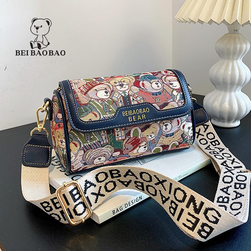 

BEIBAOBAO Оригинальные милые сумки через плечо с изображением медведя из мультфильма для девочек, износостойкая холщовая модная сумка-мессенджер, портативная, с широким плечевым ремнем, женские сумки-слинги темно-синий