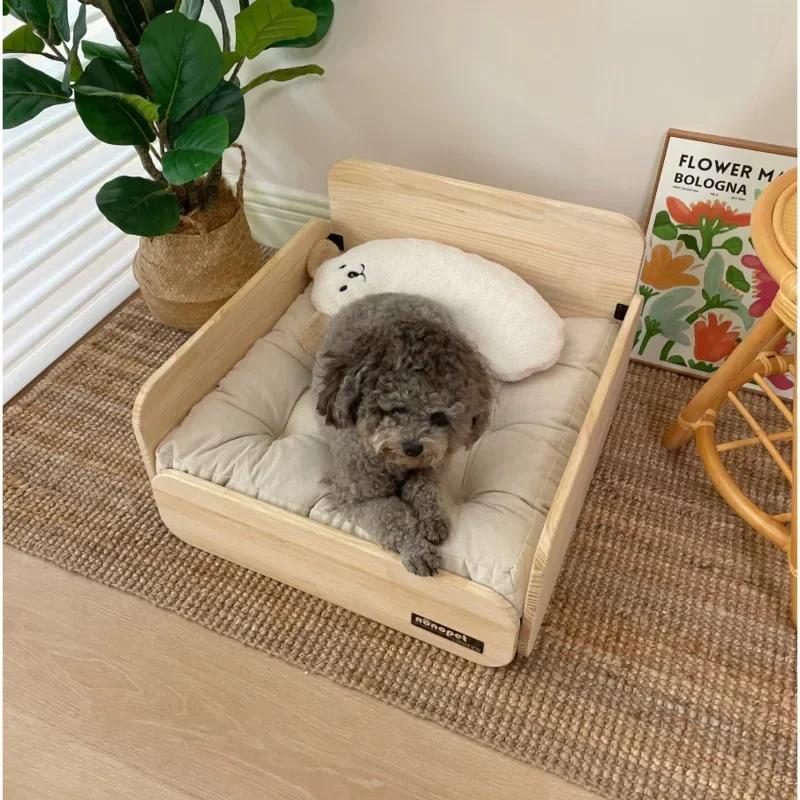 Solid Wood Pet Bed for Cats & Dogs Elevated Dog Sofa with Cushion Ground Moisture-proof Teddy Bed All-Season Universal Pet House