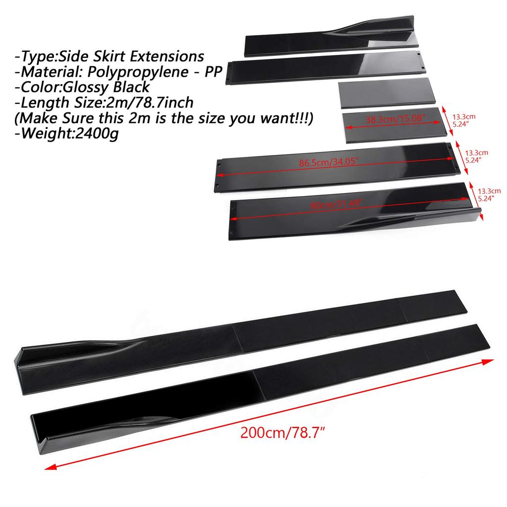 Bruce Shark Universal Side Skirt Rocker Panel Splitter Scratch Gloss Black & 78.7" Extensions, Lips, Polypropylene, Resistant,