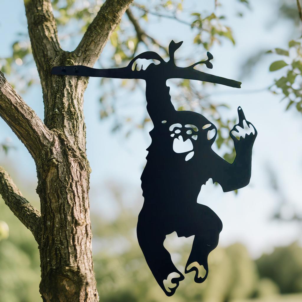Monkey Showing Middle Finger Hanging On Tree Branch Garden Stake Metal Silhouette