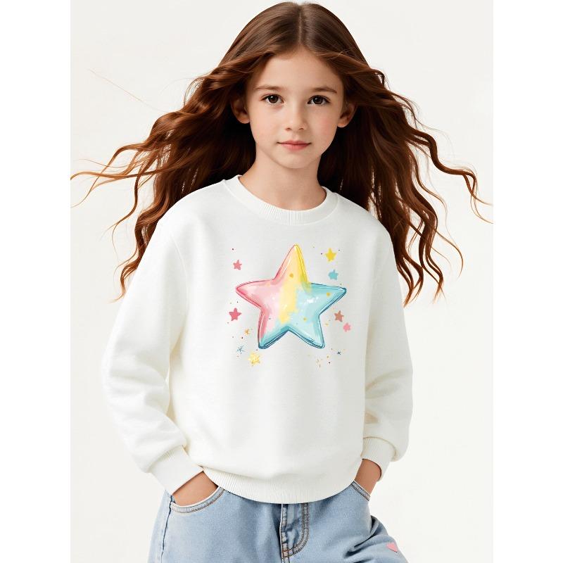 Girls' Crewneck Sweatshirt Colorful Star Pattern Print Design Machine Washable, Spring And Autumn, Sportswear And Casual Wear, Soft And Comfortable