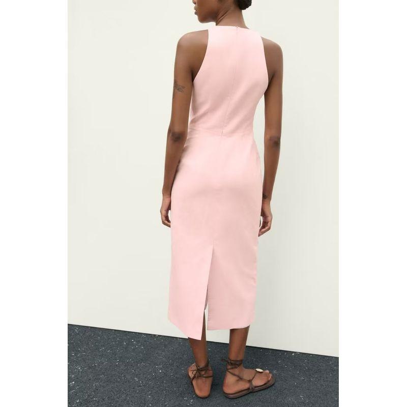 Spring New Shift Dress Long V Neck Sleeveless Split Design Linen Midi Skirt Dress 2309378