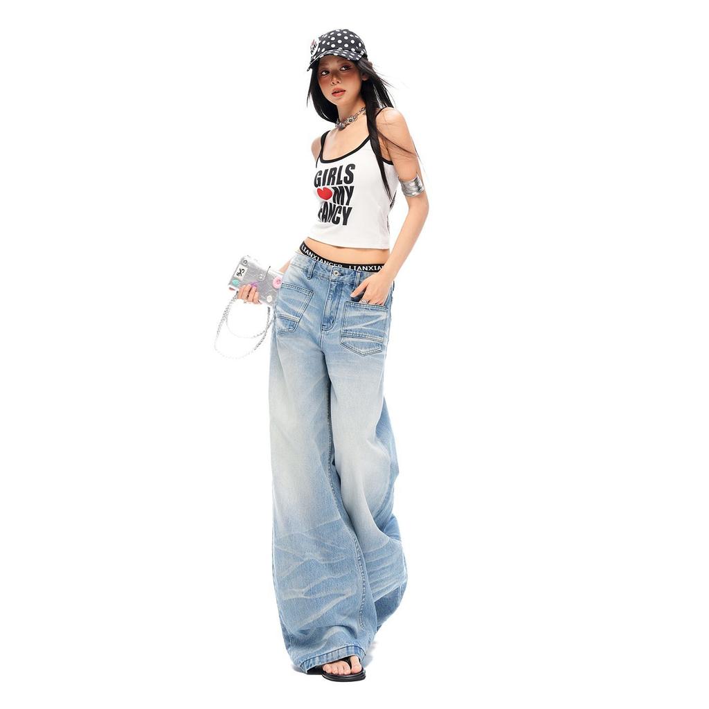 Reverse Pocket Cat Whisker Washed Micro Saber Cut Wide Leg Trendy Denim Pants Women Spring Summer Casual Pants Oversize Denim Trousers