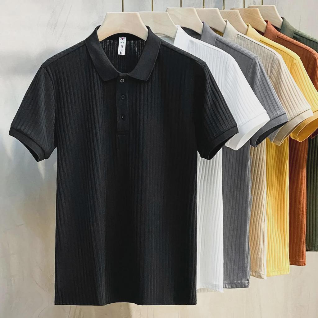 2024 Striped Mercerized Knit Polo Shirt - Men's Trendy Short Sleeve Lapel Top for Spring/Summer