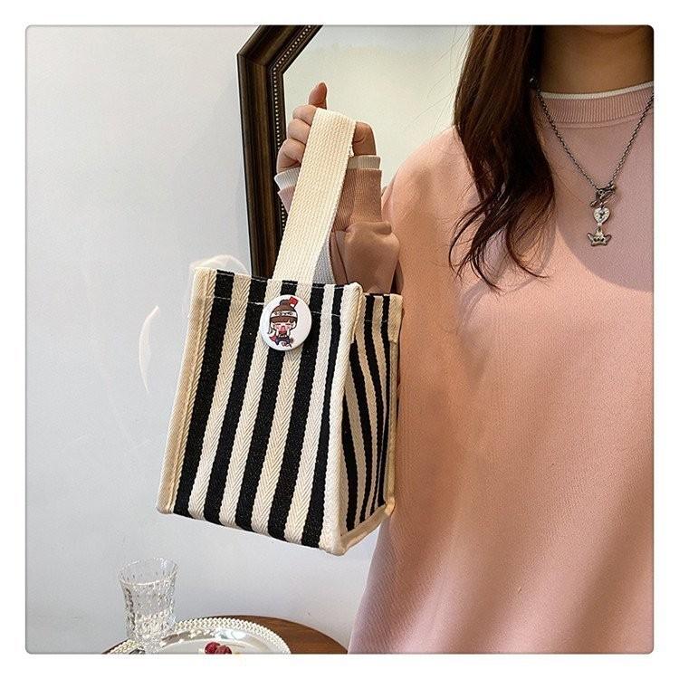Stylish Colorful Striped Nylon Shoulder Tote Bag For Women Trendy Handheld Lunch Bag