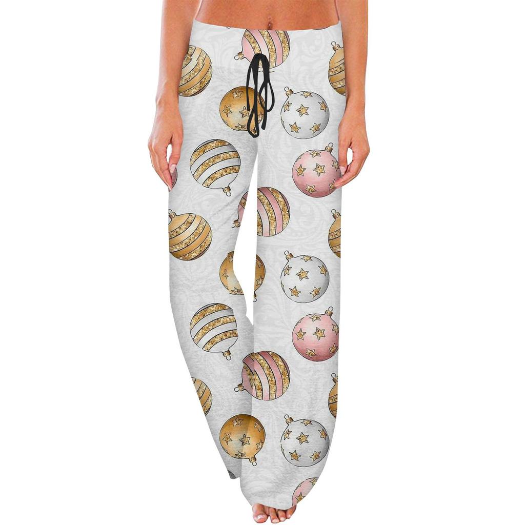 Women's Casual Fashion Comfort Pajama Pants Christmas Print Drawstring Wide Leg Pants
