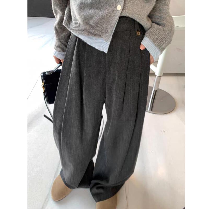 Women s High-Waist Striped Wool Wide-Leg Trousers - Casual & Trendy Suit Style Small