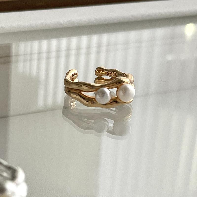Adjustable Open Elegant Ring With Double Layer Freshwater Pearls For Womens Fashion
