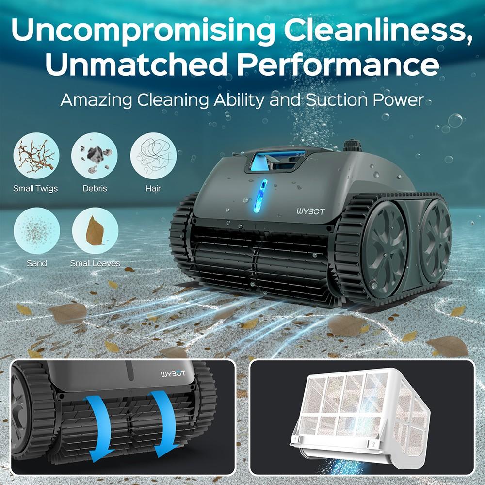 WYBOT C1 MAX Cordless Pool Robot Vacuum with APP, 180-240min Runtime, 3 Cleaning Modes, Wall Climbing, 65W Suction Power, Up To 2152sq.ft Area, Gray