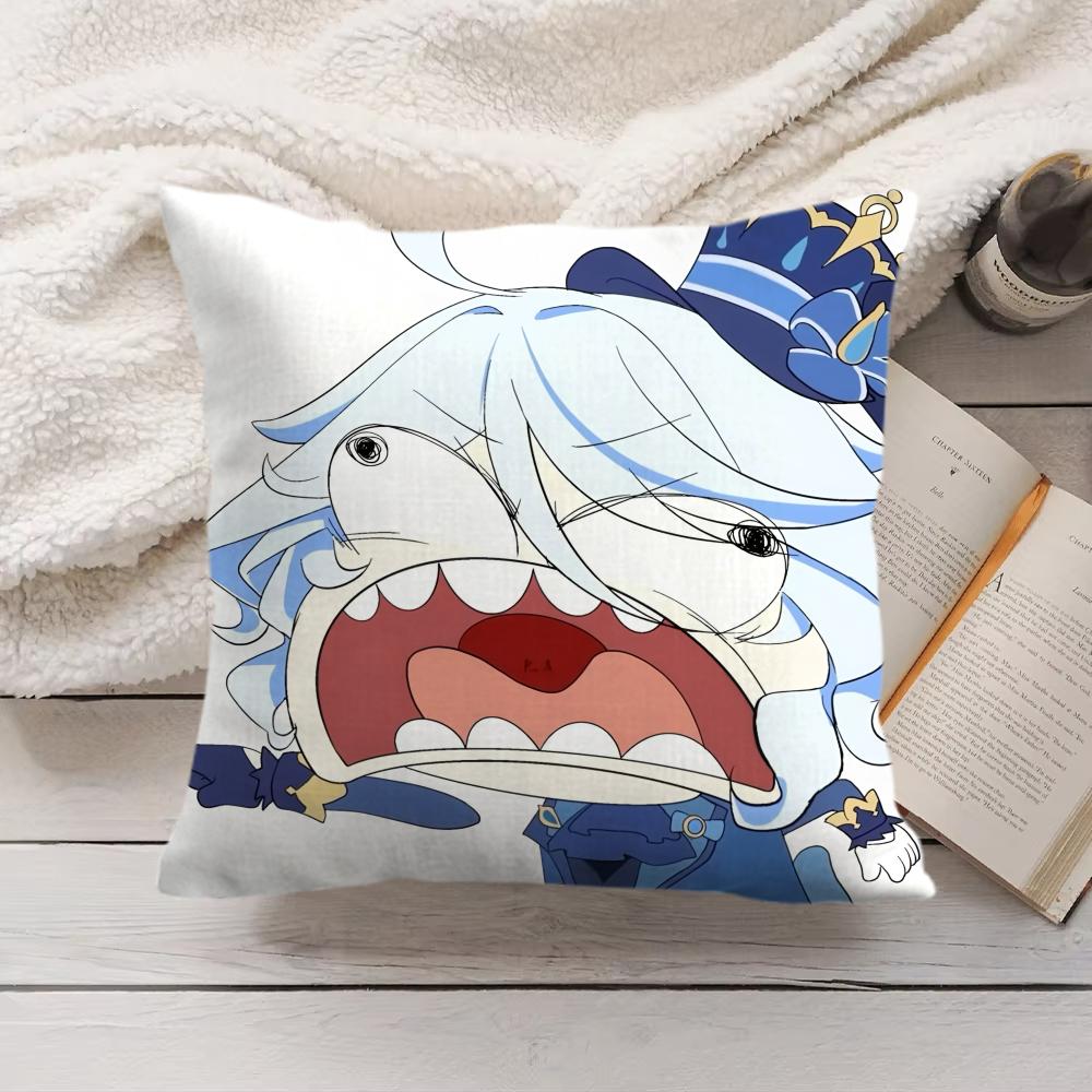 Furina Cute Genshin Impact Cushion Cover Silky Short Plush Invisible Zipper Dustproof Sofa Pillow Case For Home Decor