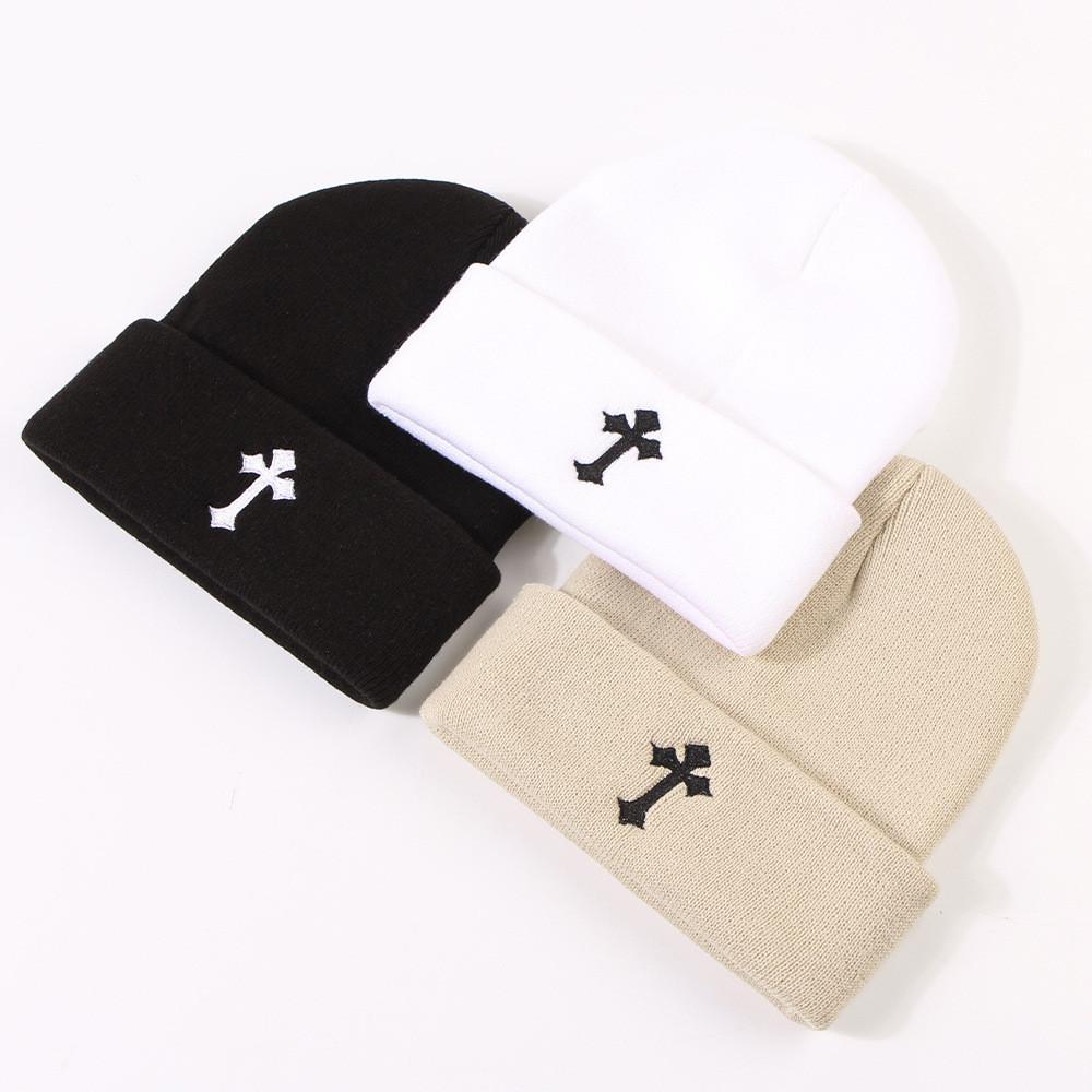 Fashionable Cross Embroidery Knitted Hat Warm Street Style Student Couple Ear Protection Beanie