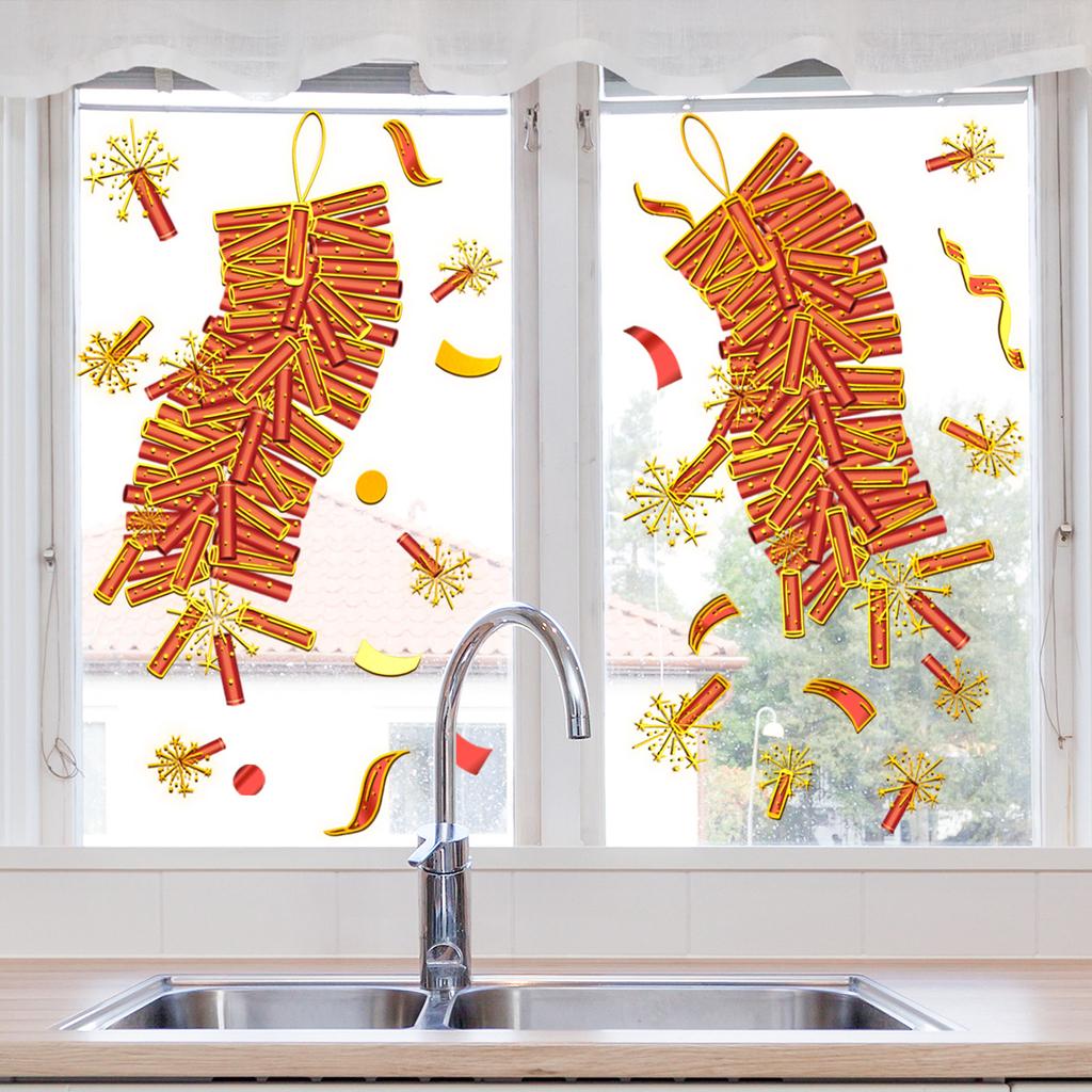 Da13500 New Year'S Theme Window Sticker Creative Bronzing Firecrackers Festival Decoration Double-Sided Visual Static Glass Sticker