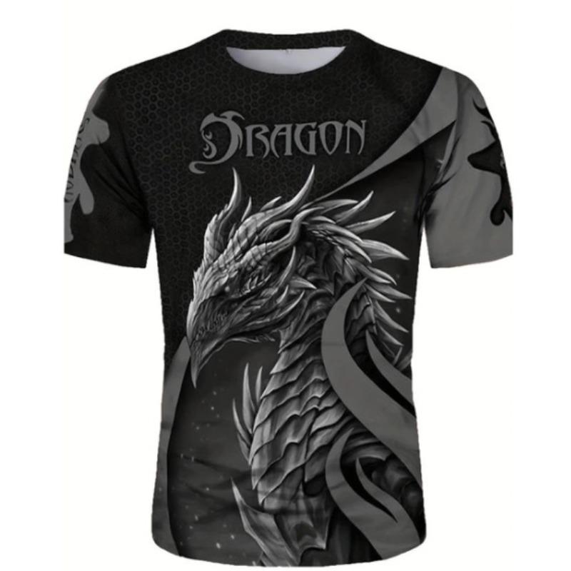 Men's 3D Printed T-Shirt Vintage Dragon Pattern Print Short Sleeve O-Neck Pullover Casual Top