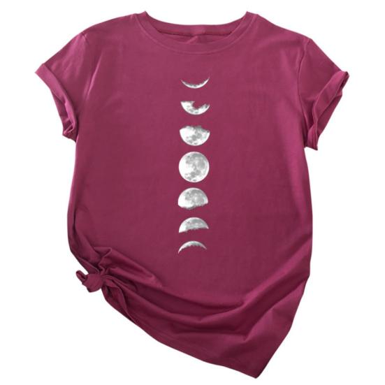 Women Summer Casual O Neck Short Sleeve Moon Print Loose Blouse T-shirt Top