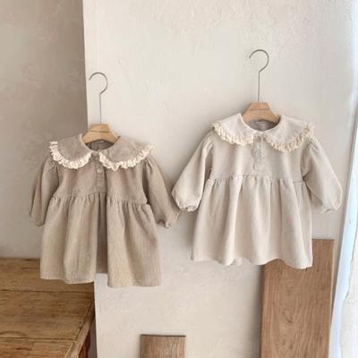 Vestido de Princesa Coreano de Veludo Cotelê para Meninas com Lapela de Renda e Mangas Compridas para Outono/Inverno