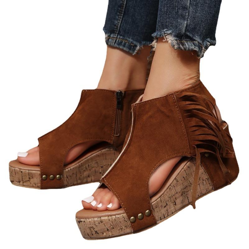 Tassel new rivet wedge heel fish mouth sandals women's large size waterproof table hollow high heel women's sandals large size