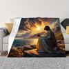 Jesus Prayer Flannel Throw Blanket Soft Lightweight All Season Seascape Sunset Print Spiritual Home Decor Sofa Travel Blankets