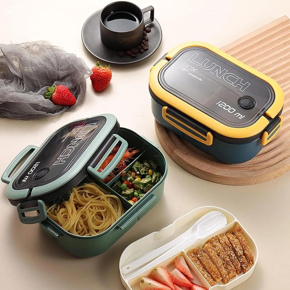 1200ML Leakproof Double Layer Lunch Box with Handle, Snack Box/Bento Box with Cutlery Set, BPA Free, Microwave/Dishwasher Safe