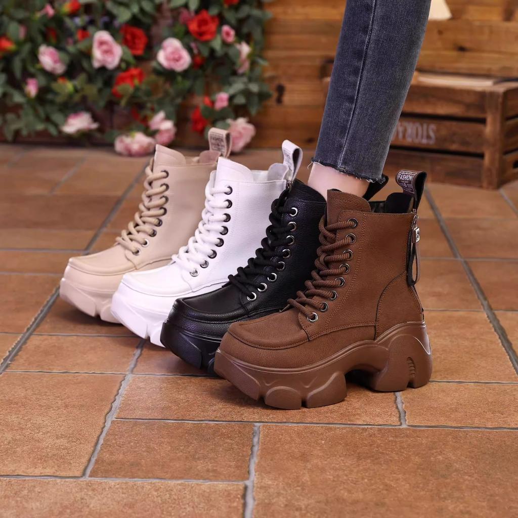 Women's Shoes on Sale High Quality Lace Up Women Boots Winter Round Toe Mixed Colors Short Barrel Platform Increase Height Boots