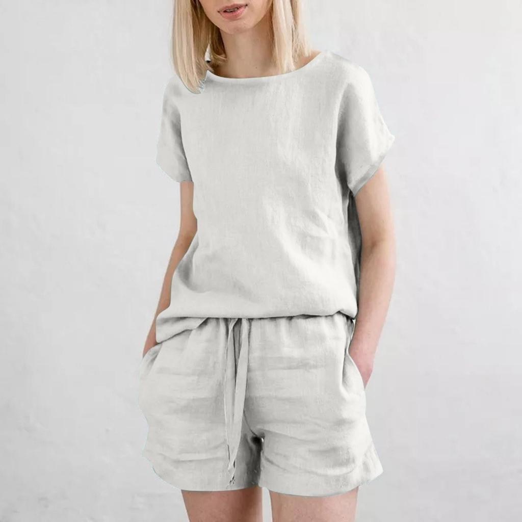 Dámské letní dvoudílné sety, volný top s kulatým výstřihem a krátkým rukávem, jednobarevné kraťasy, cestovní outfity