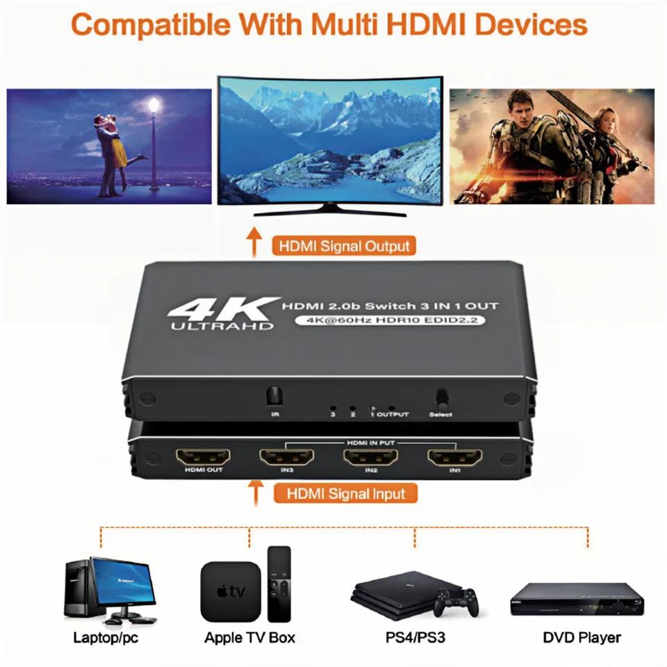 

3 In 1 Out HDMI 2.0 Switcher 4K 60Hz Video Sharing Converter HDCP2.2 with Remote As Shown A