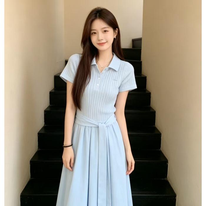 French blue polo collar dress children's summer new small man huge good-looking temperament waist dress