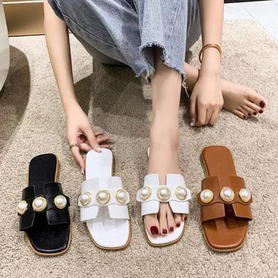 Women's Slippers Fashion Casual Pearl Solid Color Flats Simple Outdoor Comfort Soft Sole Beach Sandals Sandalias Femininas New
