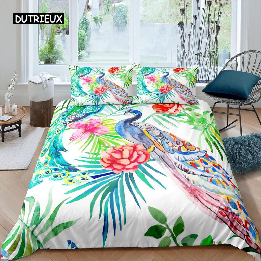 Juego de Funda Nórdica de Pavo Real Microfibra Preciosa Pluma Azul Funda de Edredón Flor Rosa Suave 2/3 Piezas Aves Tema Animal Funda de Edredón