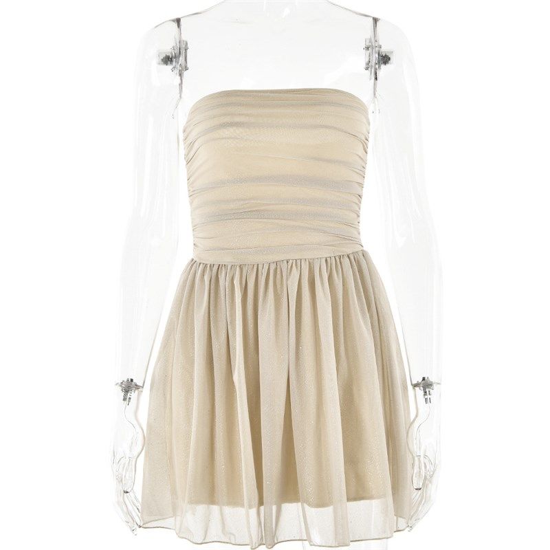 

Mesh One Line Collar Strapless Backless Short Skirt Khaki L