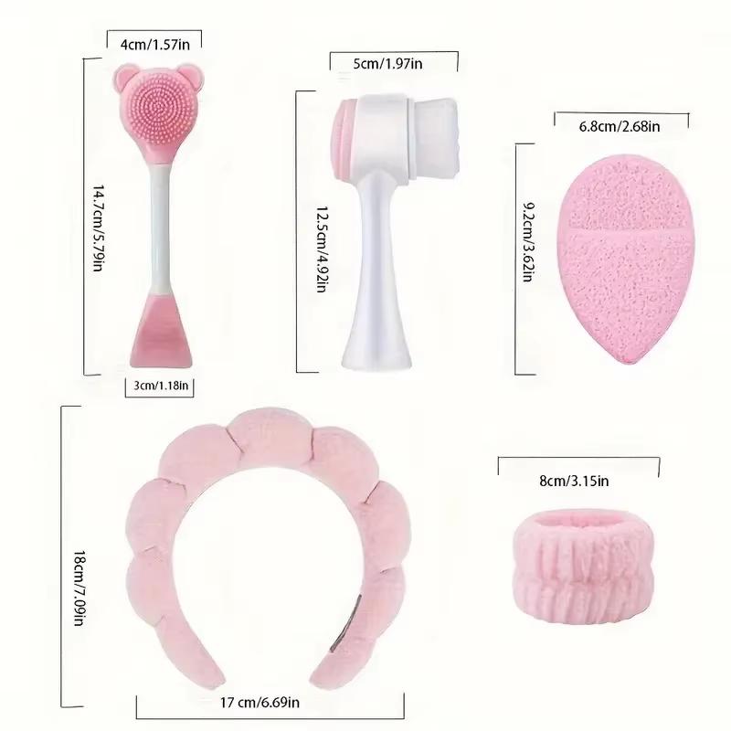 7-piece makeup and face wash beauty set, including 3 headband sets, 1 cosmetic bag, 2 face wash brushes and 1 powder puff