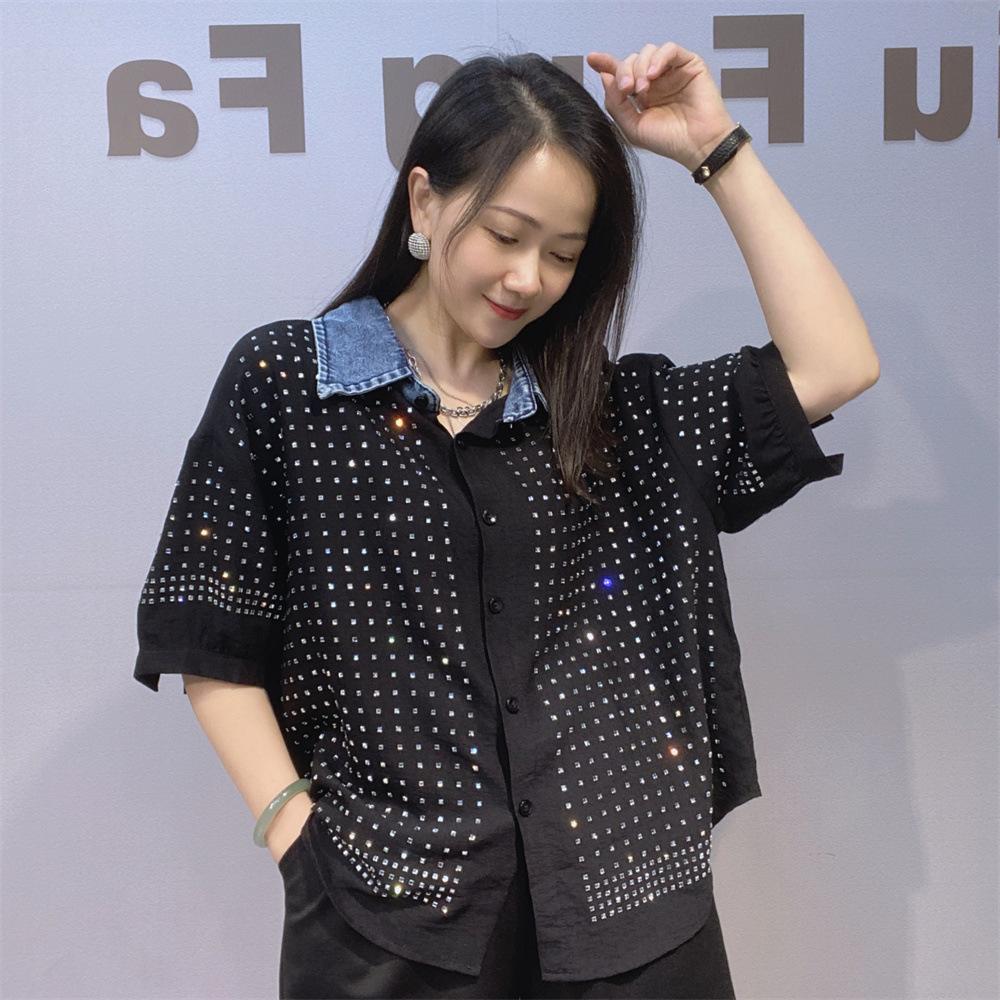 Heavy-duty Sequined Denim Patchwork Short-sleeved Blouse for Women - Summer Loose-fitting Fashionable Large-sized Top
