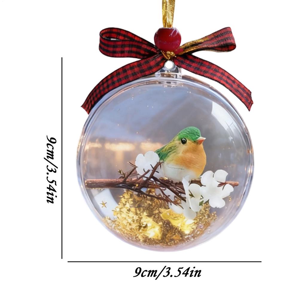3d transparent bird Christmas ornament crystal ball with realistic hummingbird, red coat sparrow, round Christmas tree pendant
