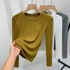 Threaded Bottomed Shirt Women's New Women's Clothing Front Shoulder Round Neck Long-sleeved Thin Shirt Autumn and Winter Inner Waist Top