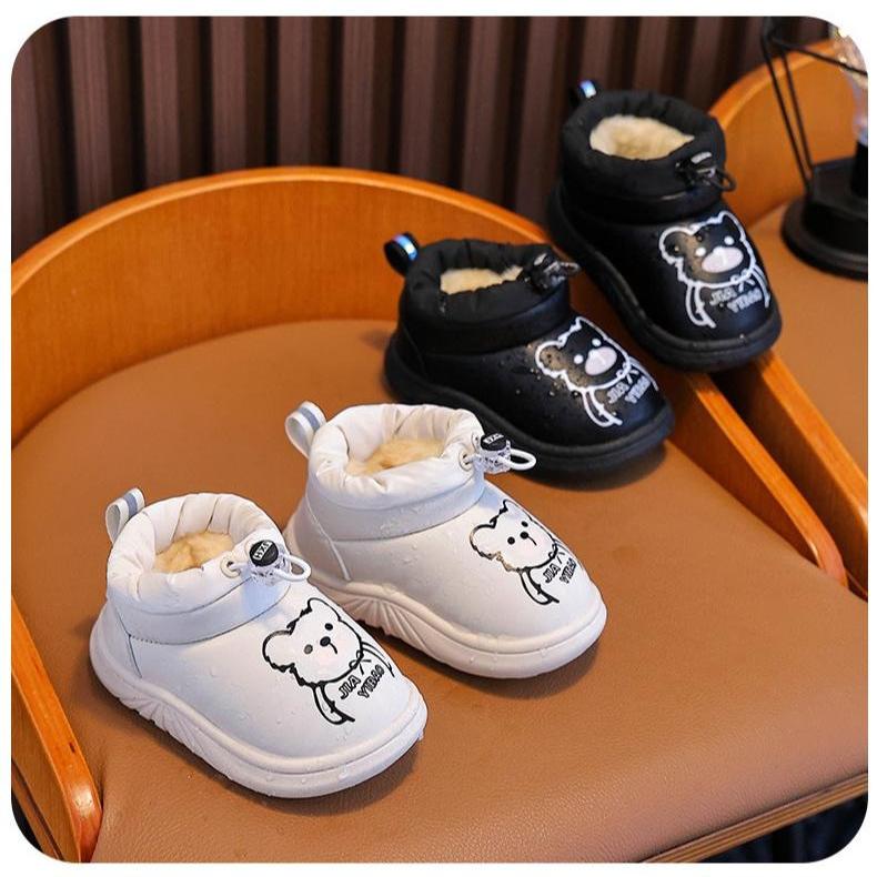 Niedliche Baumwoll-Schneestiefel mit Bärenaufdruck für Babyjungen und -mädchen - Winter-Slipper zum Hineinschlüpfen mit verdicktem Futter