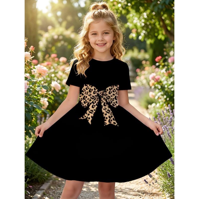 Girl Dresses Short Sleeve Summer Dress Bowknot Heart Print Hawaiian Vacation Beachwear Dress Outfits Bonfire Girls Party Dresses