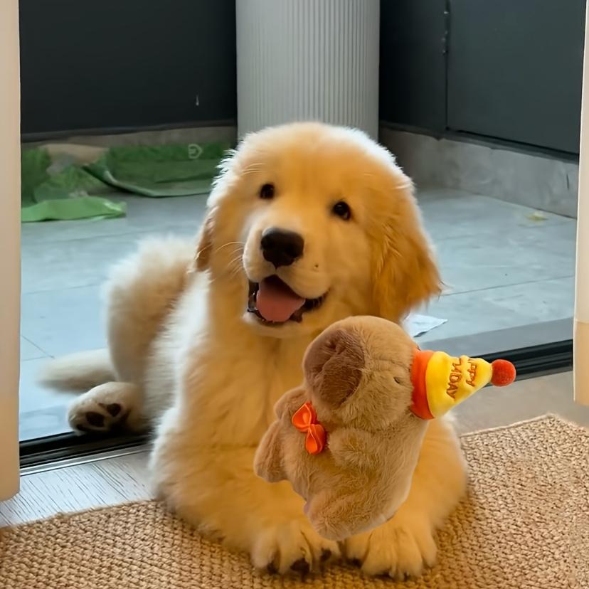 Adorable Capybara Plush Toy with Party Hat & Bow Tie – Soft Stuffed Animal for All Dog Breeds, Perfect Indoor Play Companion