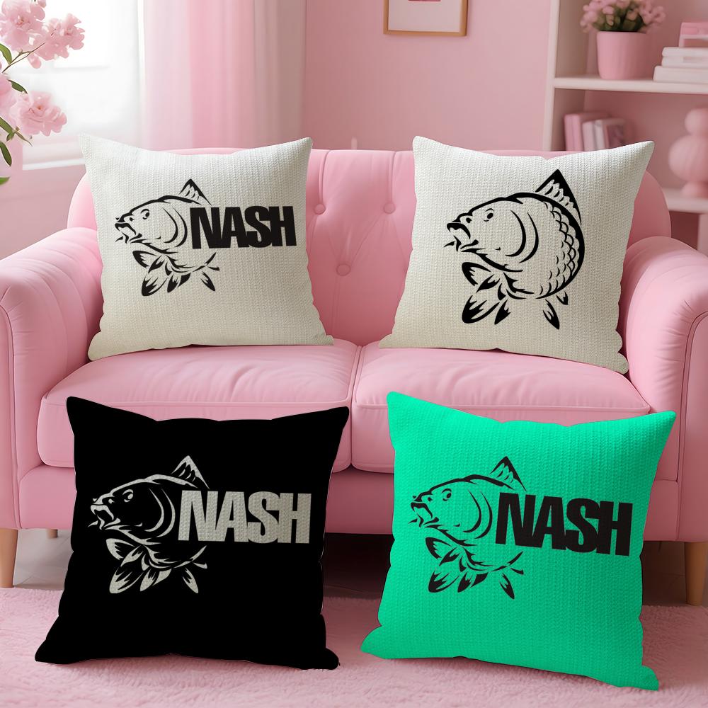 N-Nash Fishing Logo Cushion Cover Linen Organic Fabric Double-Sided Printing Breathable Pillow Case Sofa Home Decor Gift
